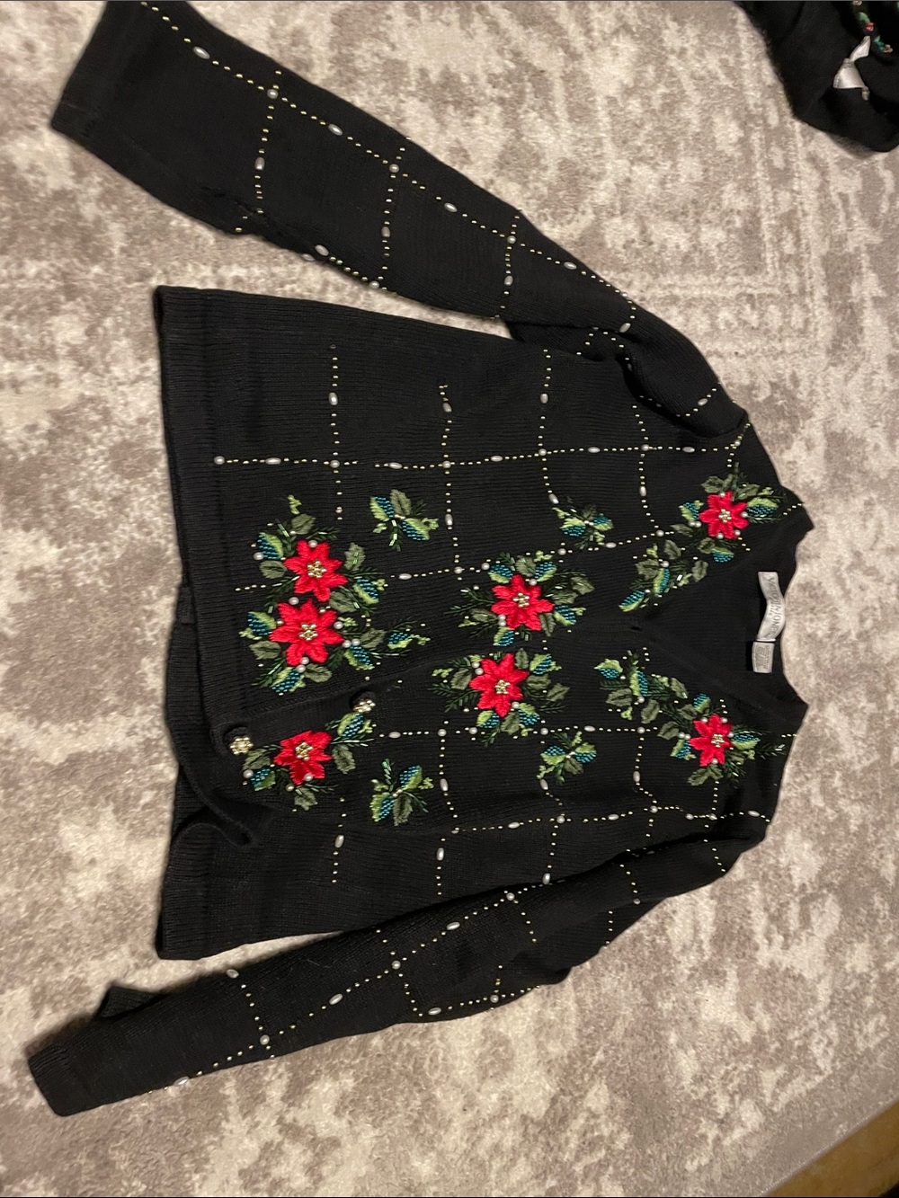 Victoria Jones Woman Black Cardigan with Red Floral Embroidery